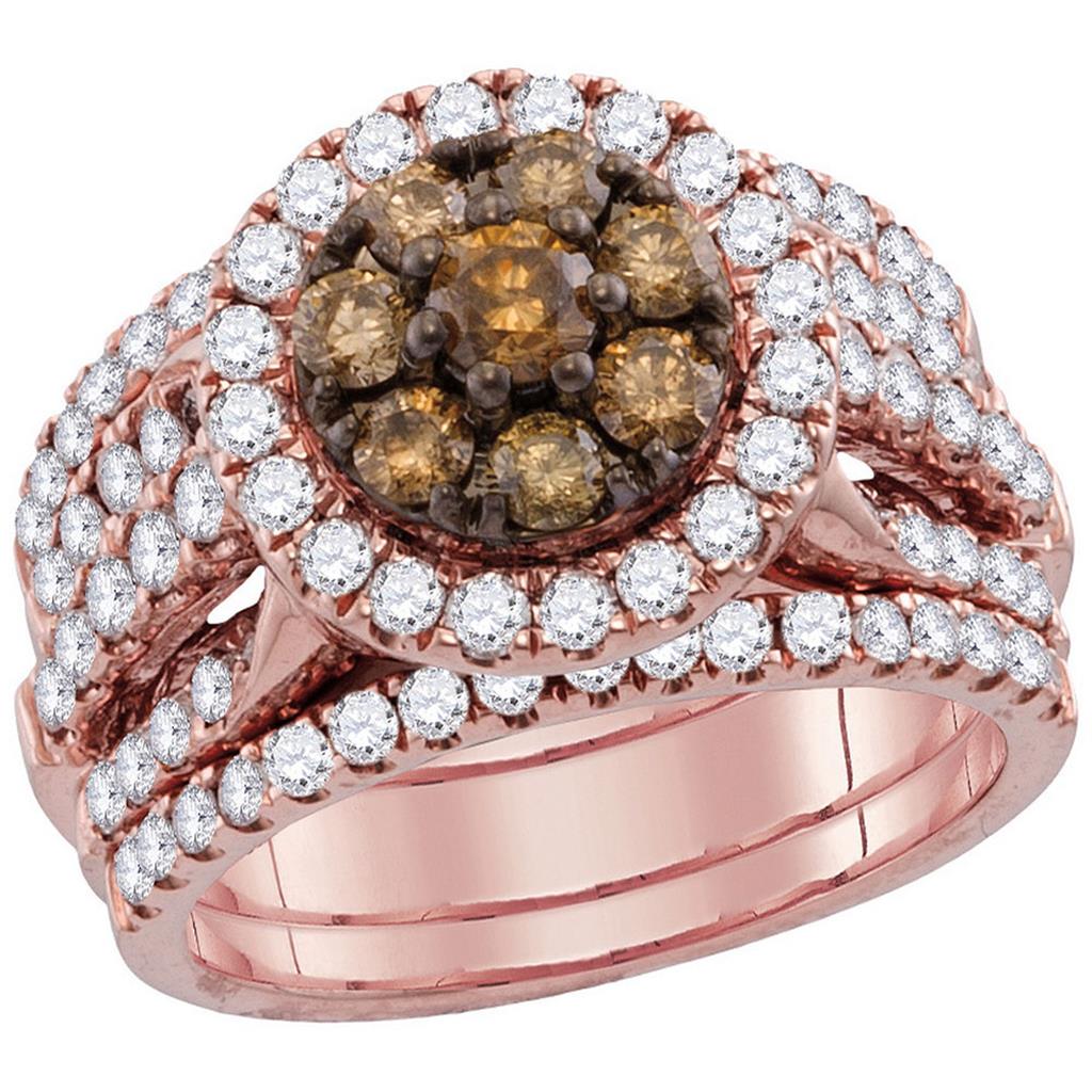 14k Rose Gold Round Brown Diamond 3-Piece Bridal Wedding Ring Set 4 Cttw