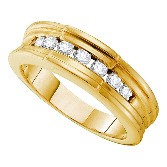 14k Yellow Gold Round Diamond Ridged Edges Wedding Band 1/2 Cttw
