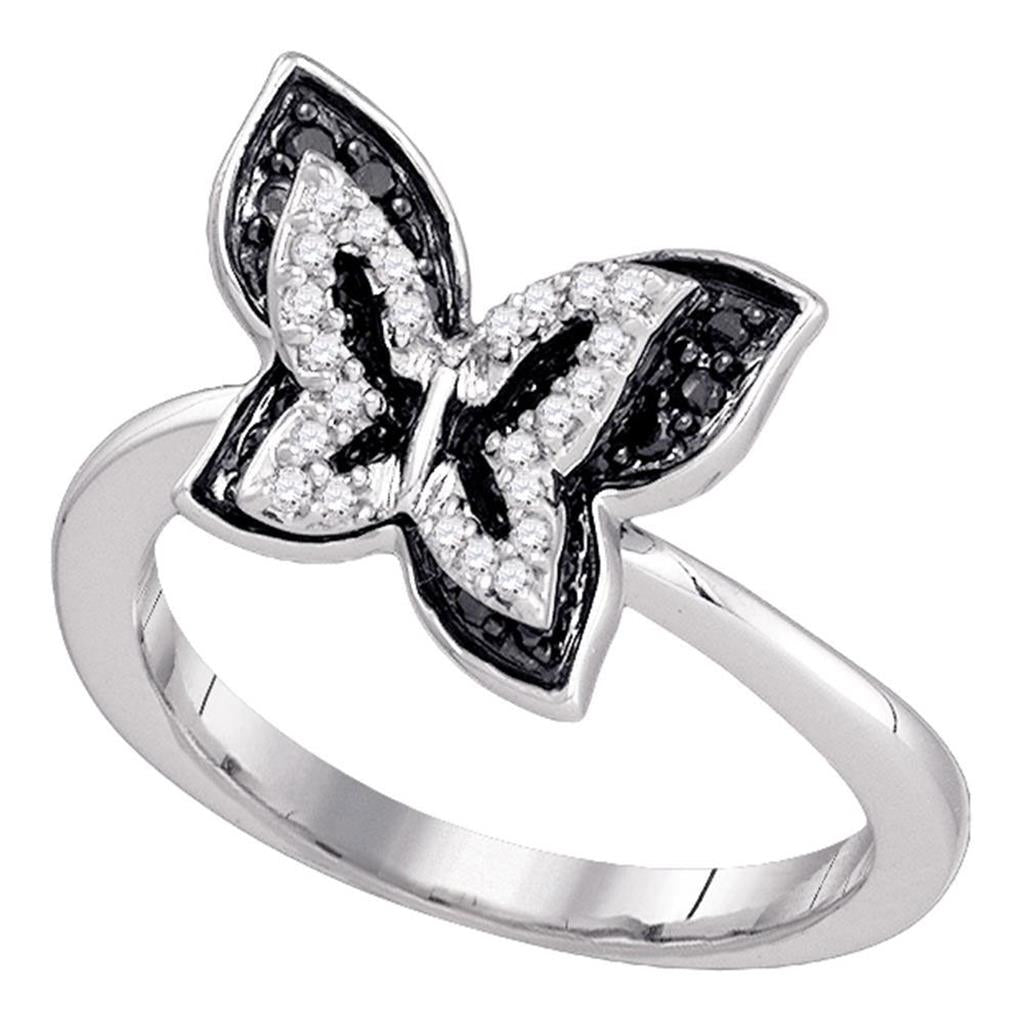 14k White Gold Round Black Diamond Butterfly Ring 1/3 Cttw