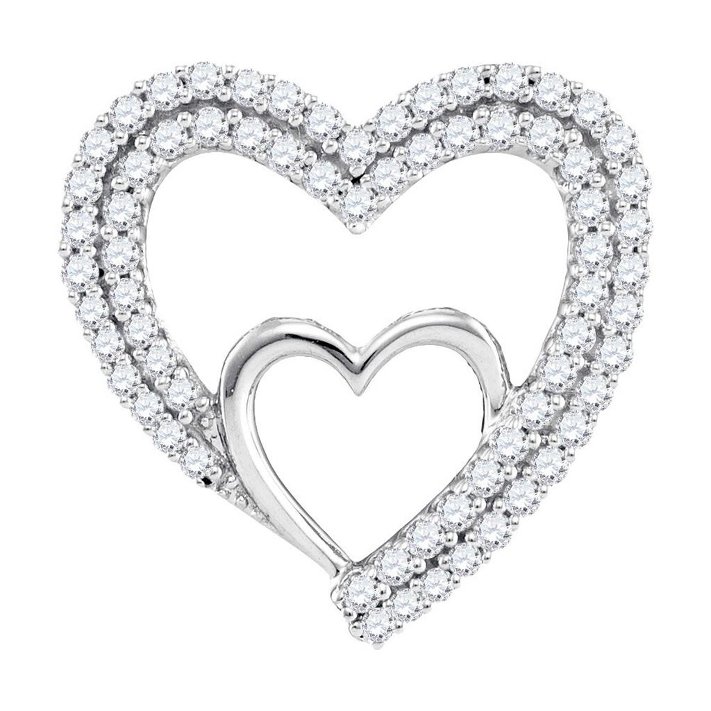 14k White Gold Round Diamond Double Nested Heart Pendant 1/2 Cttw