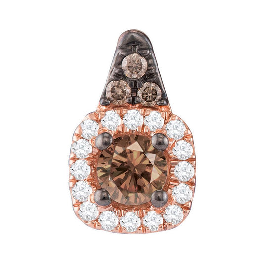 14k Rose Gold Round Brown Diamond Halo Solitaire Pendant 1/4 Cttw