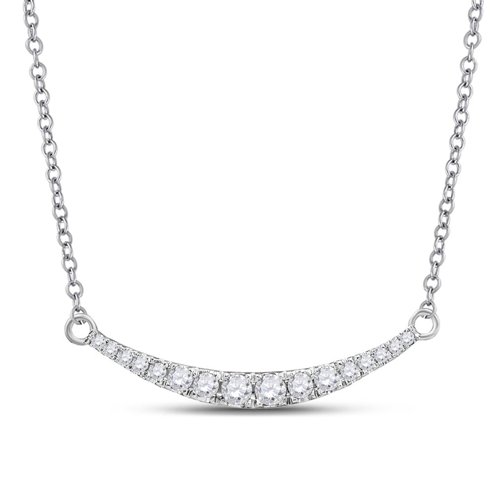 14k White Gold Round Diamond Curved Graduated Bar Pendant Necklace 1/4 Cttw