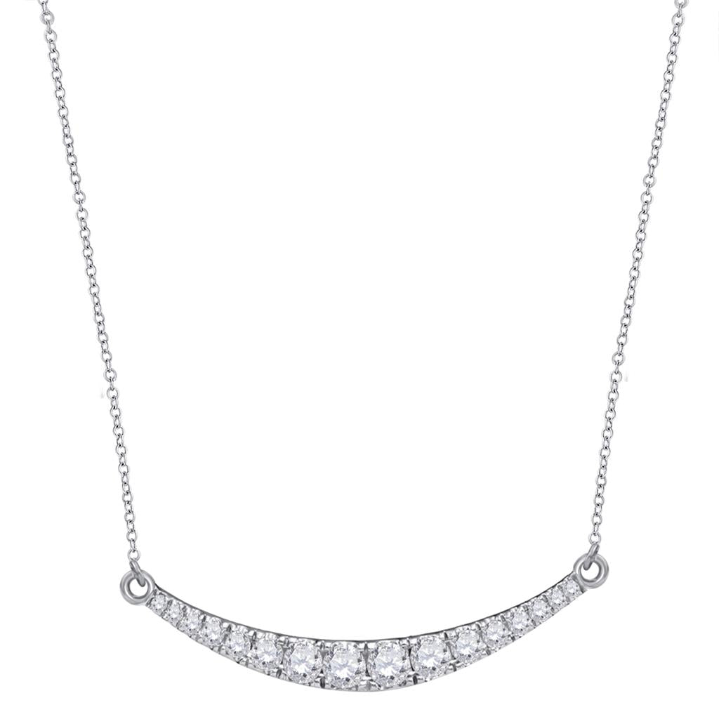 14k White Gold Round Diamond Curved Bar Pendant Necklace 1 Cttw