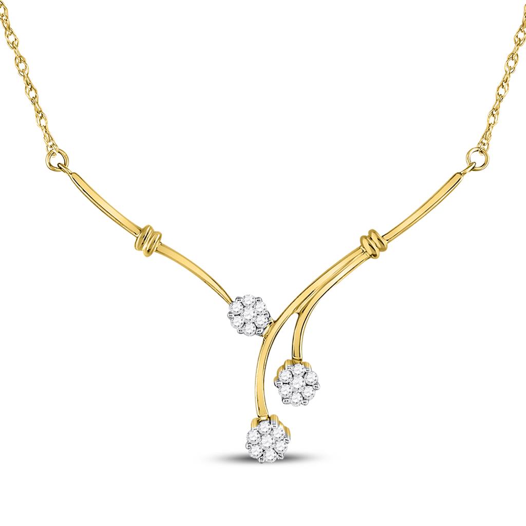 14k Yellow Gold Round Diamond Triple Flower Cluster Necklace 1/4 Cttw