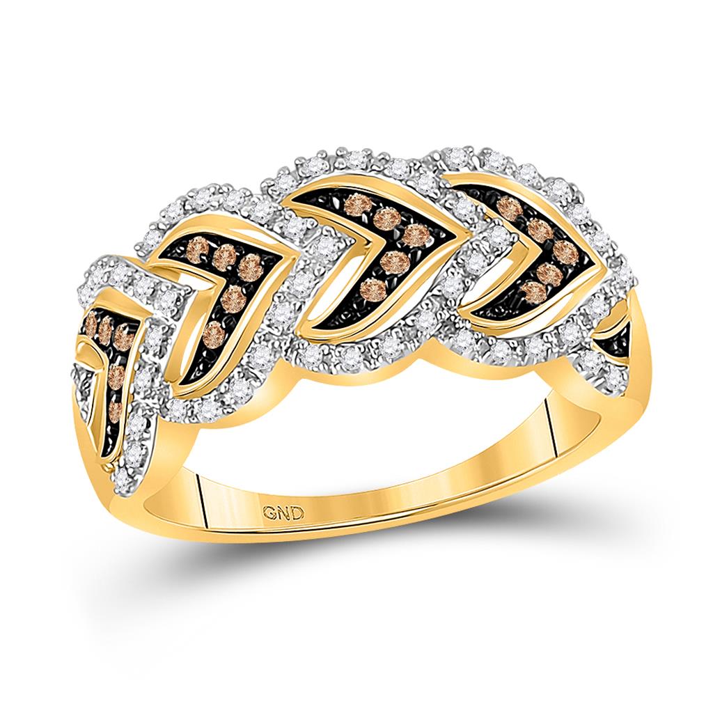 10k Yellow Gold Round Brown Diamond Cascading Heart Band Ring 1/4 Cttw