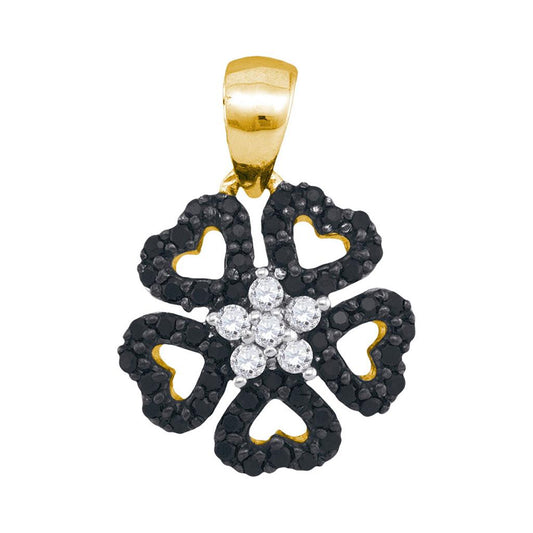 10k Yellow Gold Round Black Diamond Heart Circle Pendant 1/3 Cttw