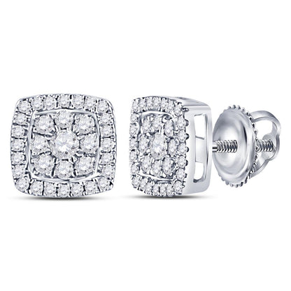 14kt White Gold Round Diamond Square Cluster Earrings 1/4 Cttw