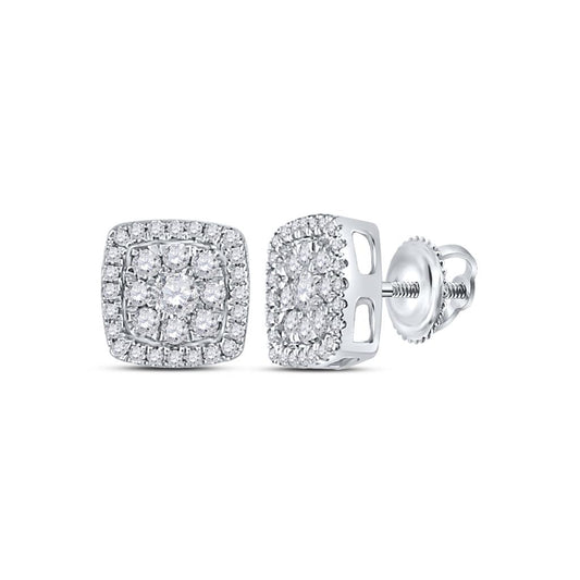 14kt White Gold Round Diamond Square Cluster Earrings 1/2 Cttw