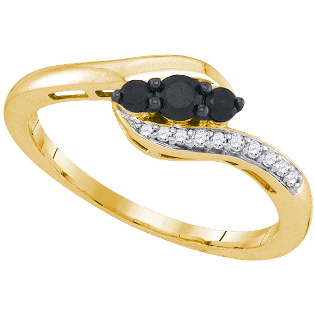10k Yellow Gold Round Black Diamond 3-stone Ring 1/4 Cttw