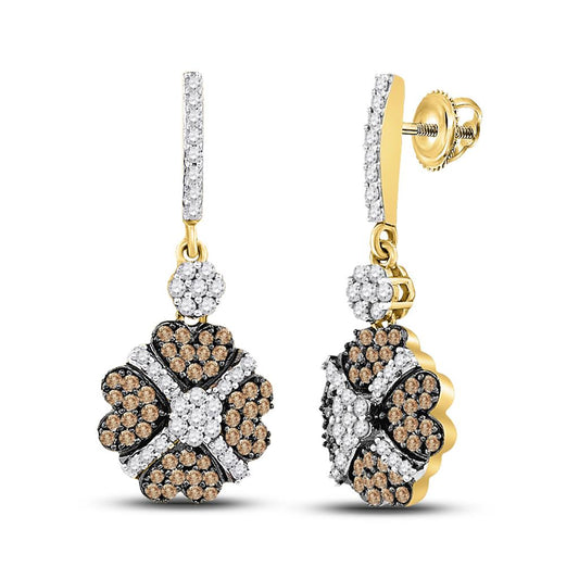 10k Yellow Gold Round Brown Diamond Cluster Dangle Earrings 1 Cttw