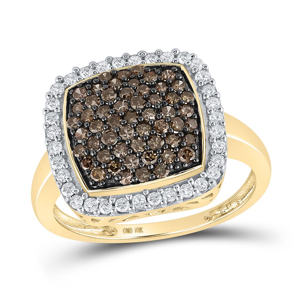 10k Yellow Gold Round Brown Diamond Square Cluster Ring 1 Cttw