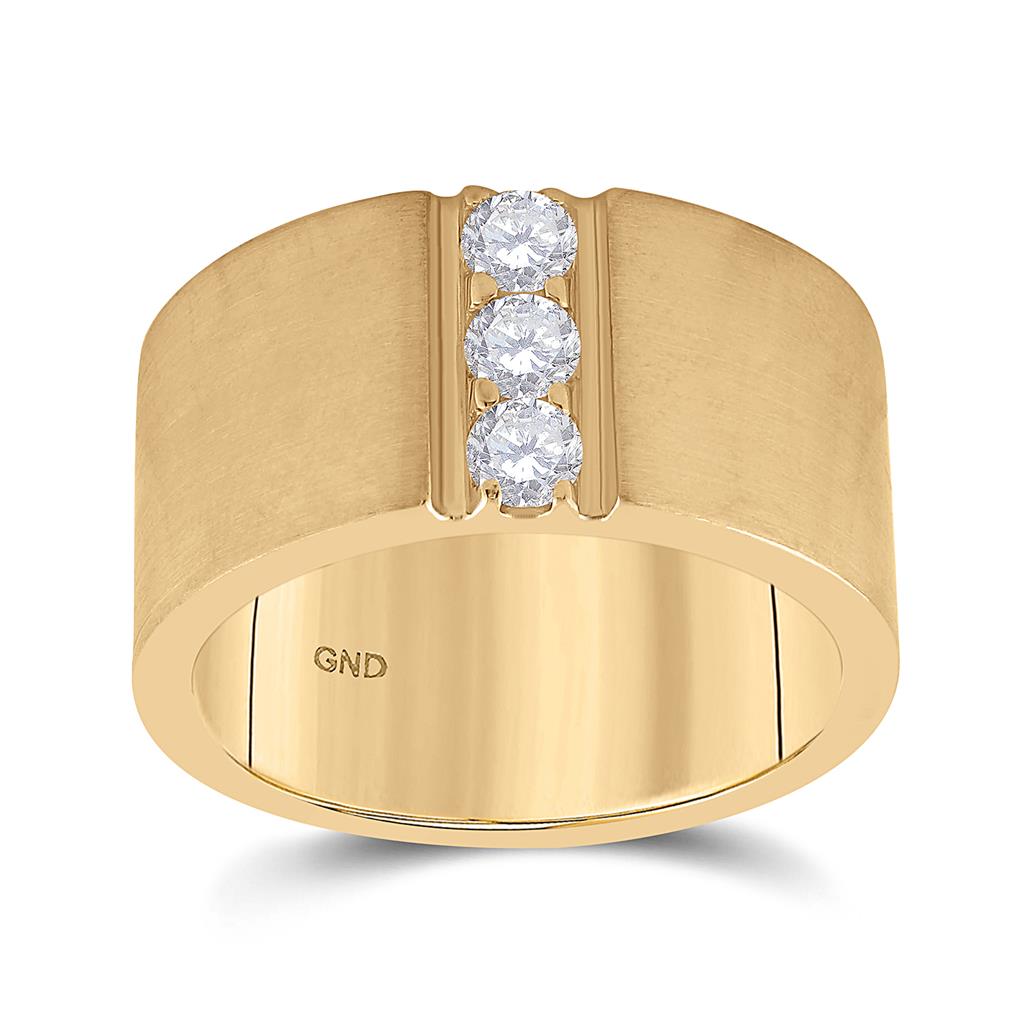 14k Yellow Gold Round Diamond 3-stone Matte Wedding Band 1/2 Cttw
