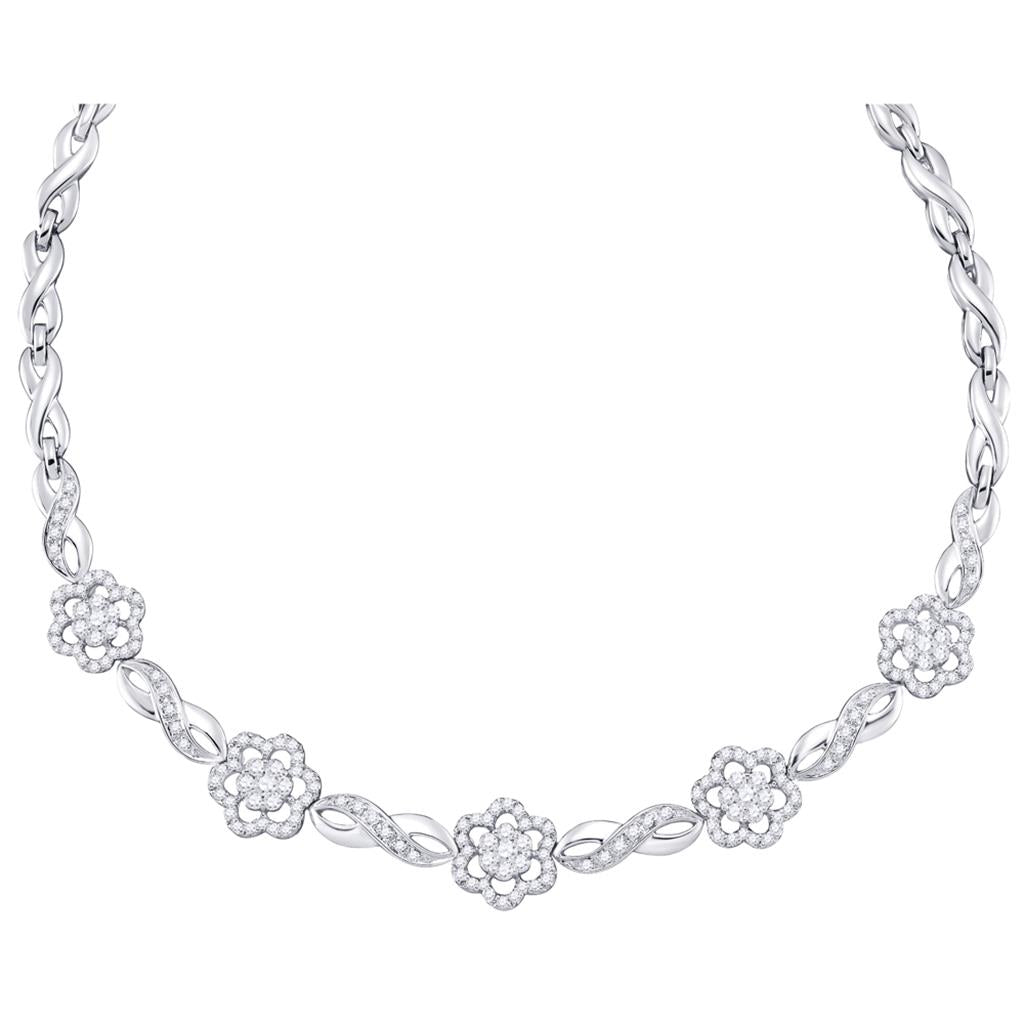 14k White Gold Round Diamond Infinity Flower Cluster Necklace 2 Ctw