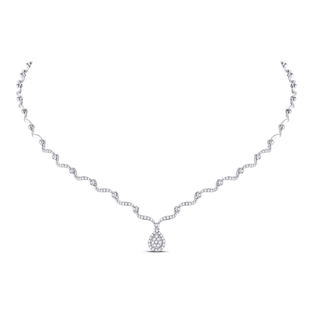 14k White Gold Round Diamond Teardrop Cluster Necklace 3/4 Cttw