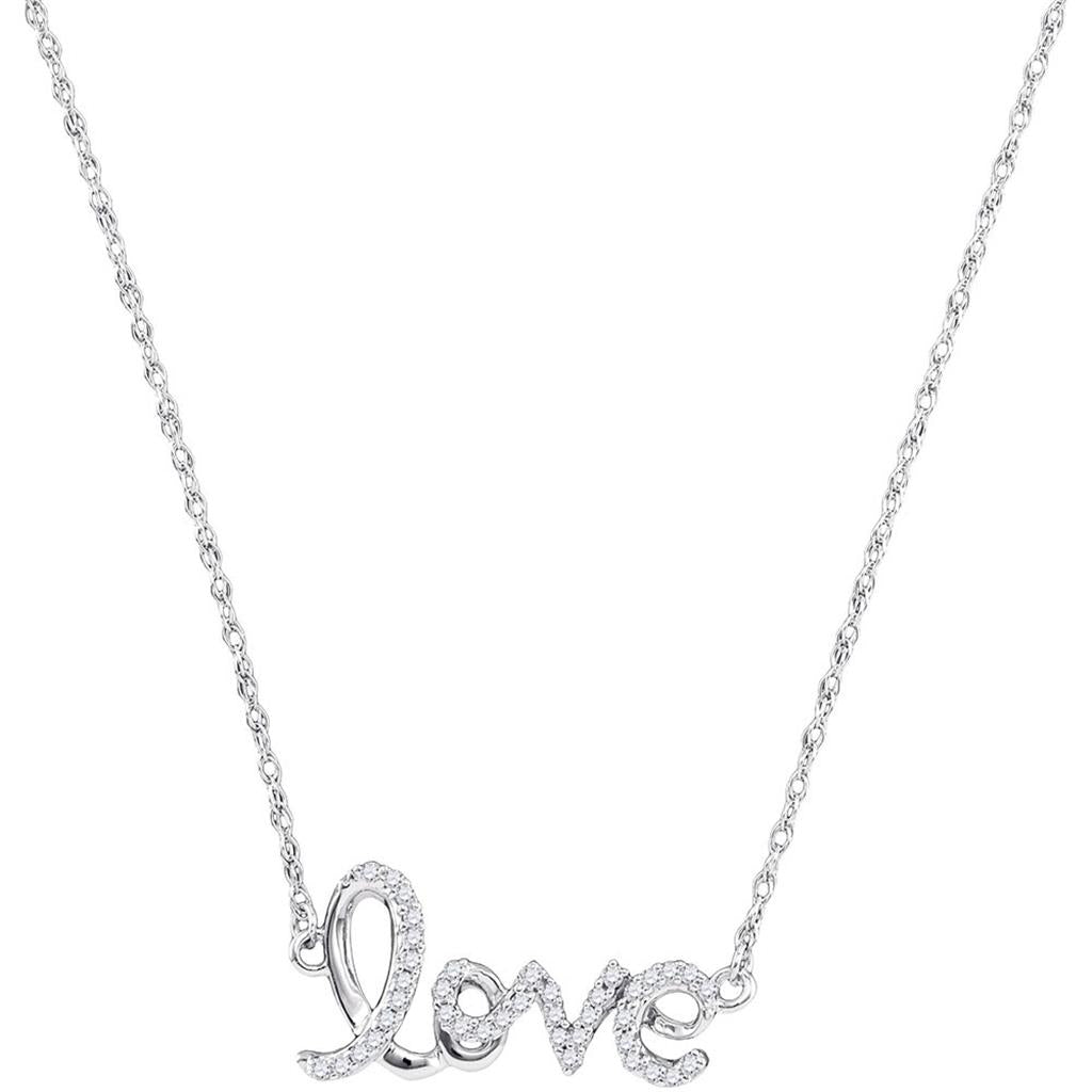 14k White Gold Round Diamond Love Fashion Necklace 1/6 Cttw