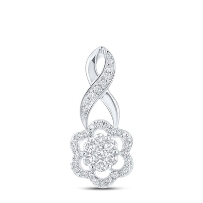 14k White Gold Round Diamond Twist Flower Cluster Pendant 1/2 Cttw