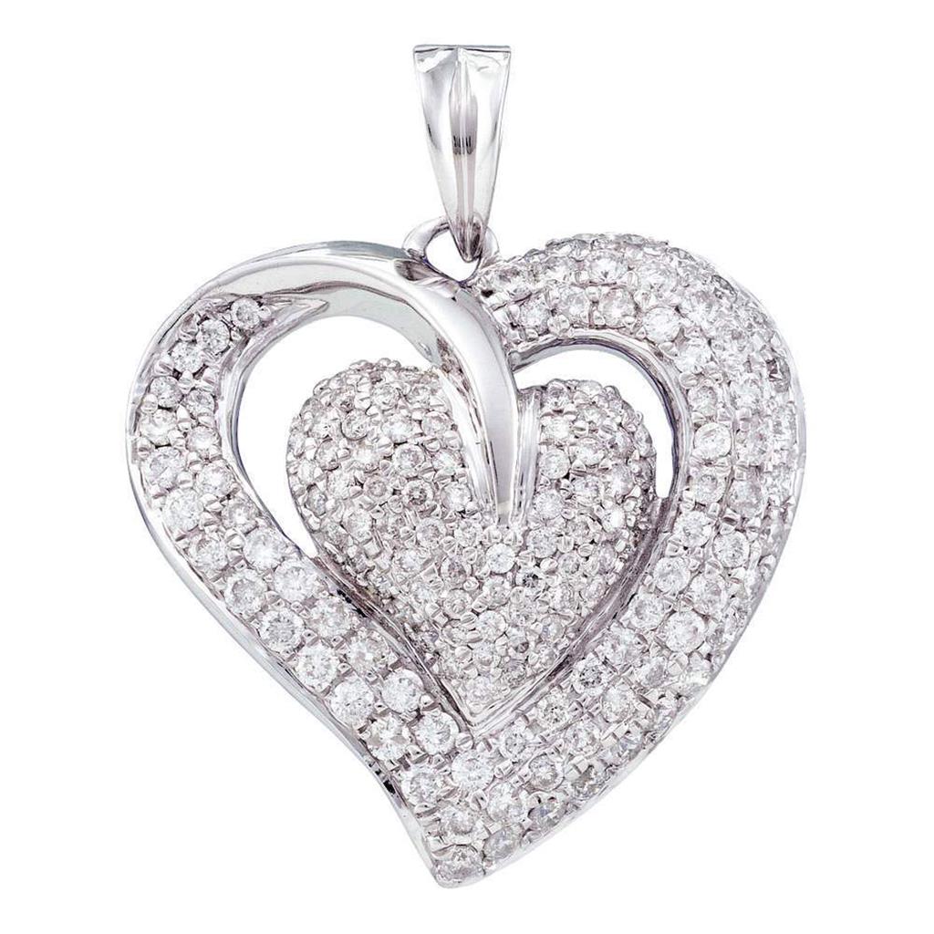 14k White Gold Round Diamond Heart Pendant 1 Cttw
