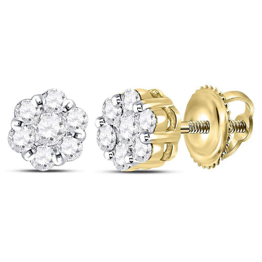 14kt Yellow Gold Round Diamond Flower Cluster Earrings 1/2 Cttw
