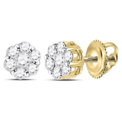 14kt Yellow Gold Round Diamond Flower Cluster Earrings 1/2 Cttw