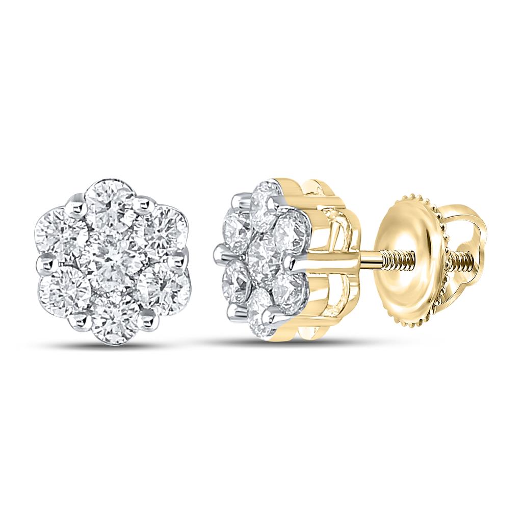 14k Yellow Gold Round Diamond Cluster Earrings 7/8 Cttw