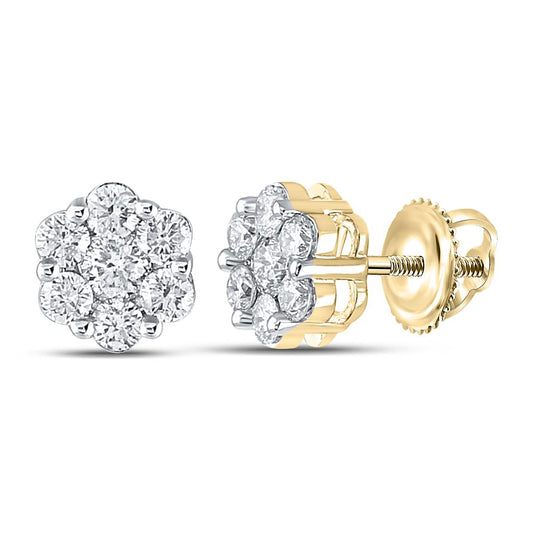 14k Yellow Gold Round Diamond Cluster Earrings 7/8 Cttw