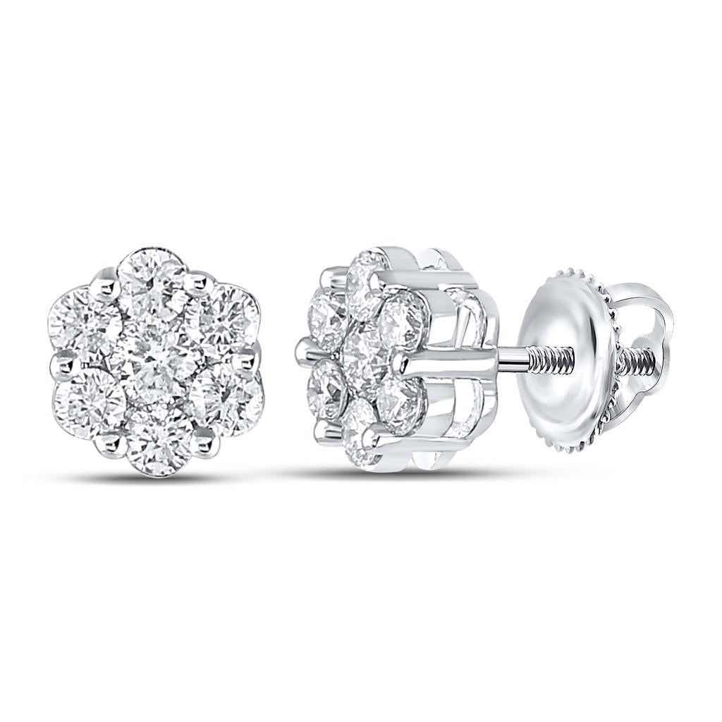14k White Gold Round Diamond Flower Cluster Earrings 7/8 Cttw