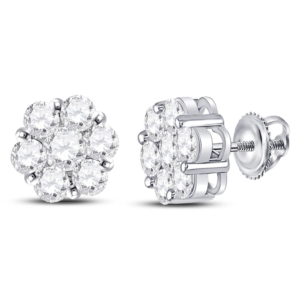 14kt White Gold Round Diamond Flower Cluster Earrings 2-1/2 Cttw