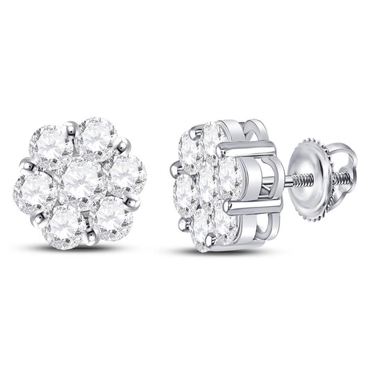 14kt White Gold Round Diamond Flower Cluster Earrings 2-1/2 Cttw
