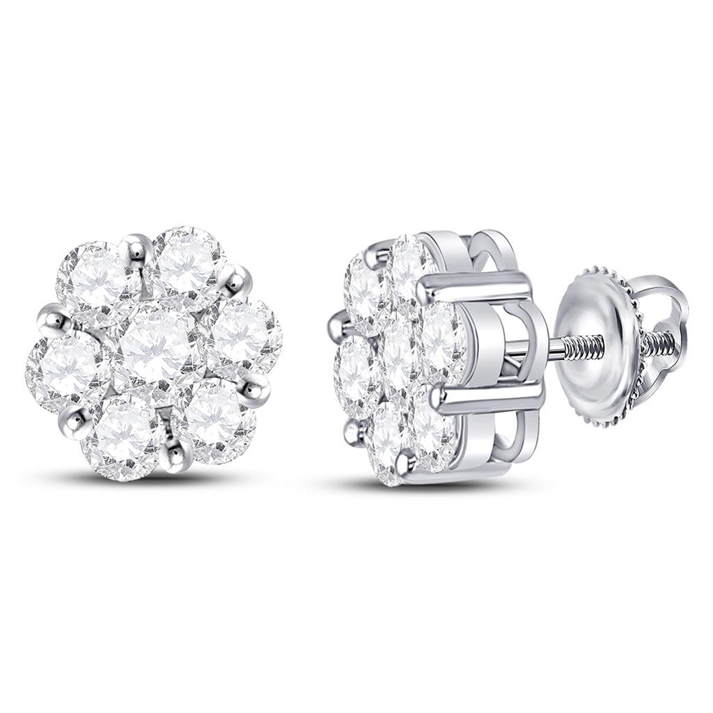 14kt White Gold Round Diamond Flower Cluster Earrings 2-1/2 Cttw