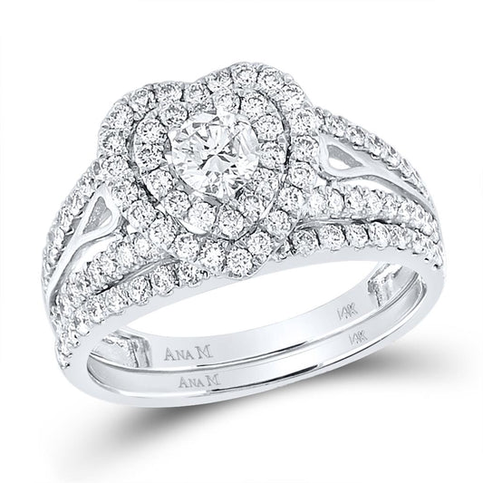 14k White Gold Diamond Heart Bridal Wedding Ring Set 1-1/5 Cttw