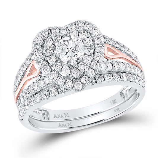 14k Two-tone Gold Diamond Heart Bridal Wedding Ring Set 1-1/5 Cttw