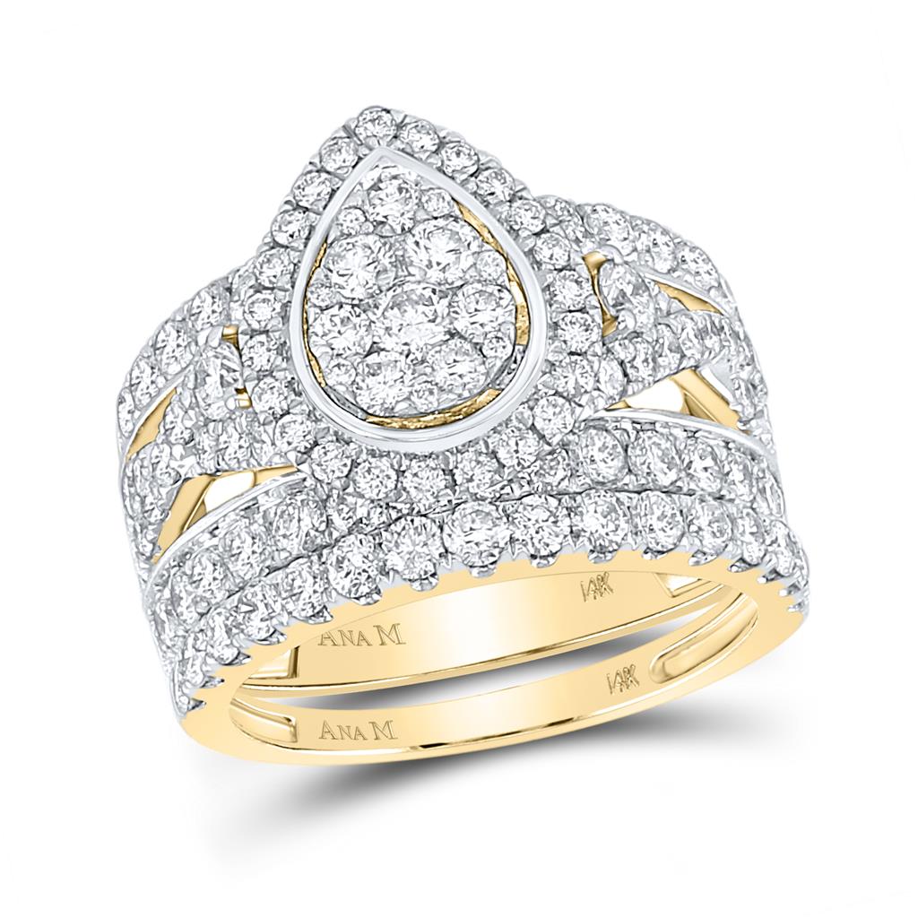 14k Yellow Gold Round Diamond Pear Bridal Wedding Ring Set 3 Cttw