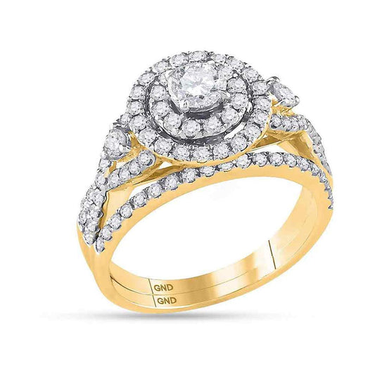 14k Yellow Gold Round Diamond Halo Bridal Wedding Ring Set 1-1/2 Cttw (Certified)