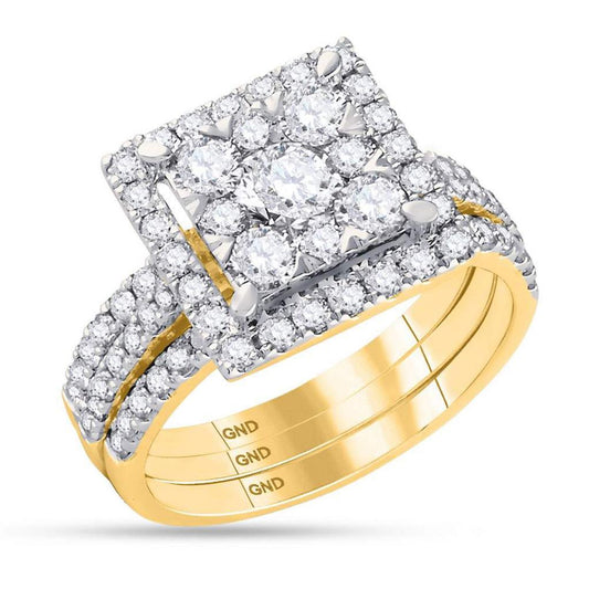 14k Yellow Gold Round Diamond Square Bridal Wedding Ring Set 2 Cttw