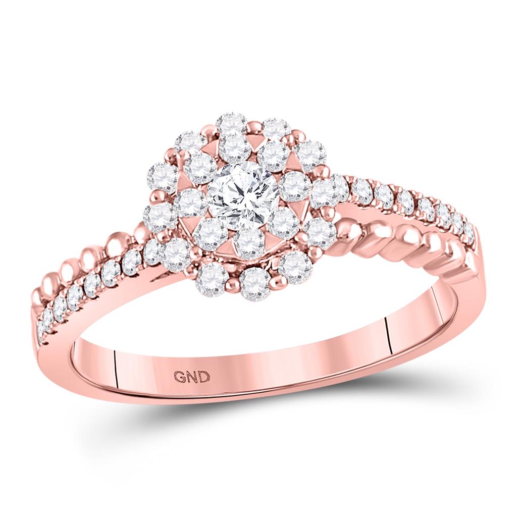 14k Rose Gold Round Diamond Solitaire Beaded Bridal Engagement Ring 1/2 Cttw