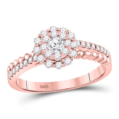14k Rose Gold Round Diamond Solitaire Beaded Bridal Engagement Ring 1/2 Cttw