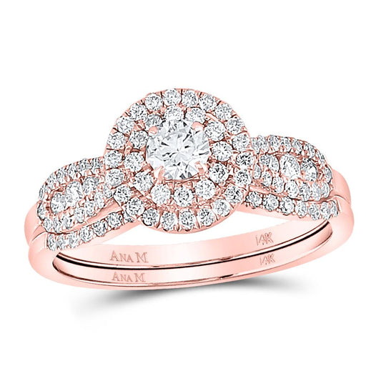 14k Rose Gold Round Diamond Halo Bridal Wedding Ring Set 3/4 Cttw