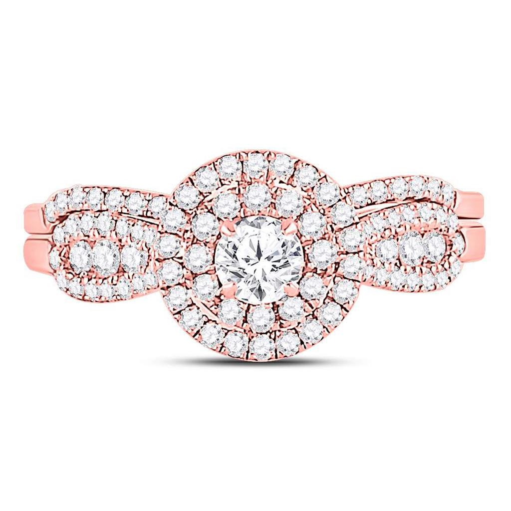 14k Rose Gold Round Diamond Halo Bridal Wedding Ring Set 3/4 Cttw