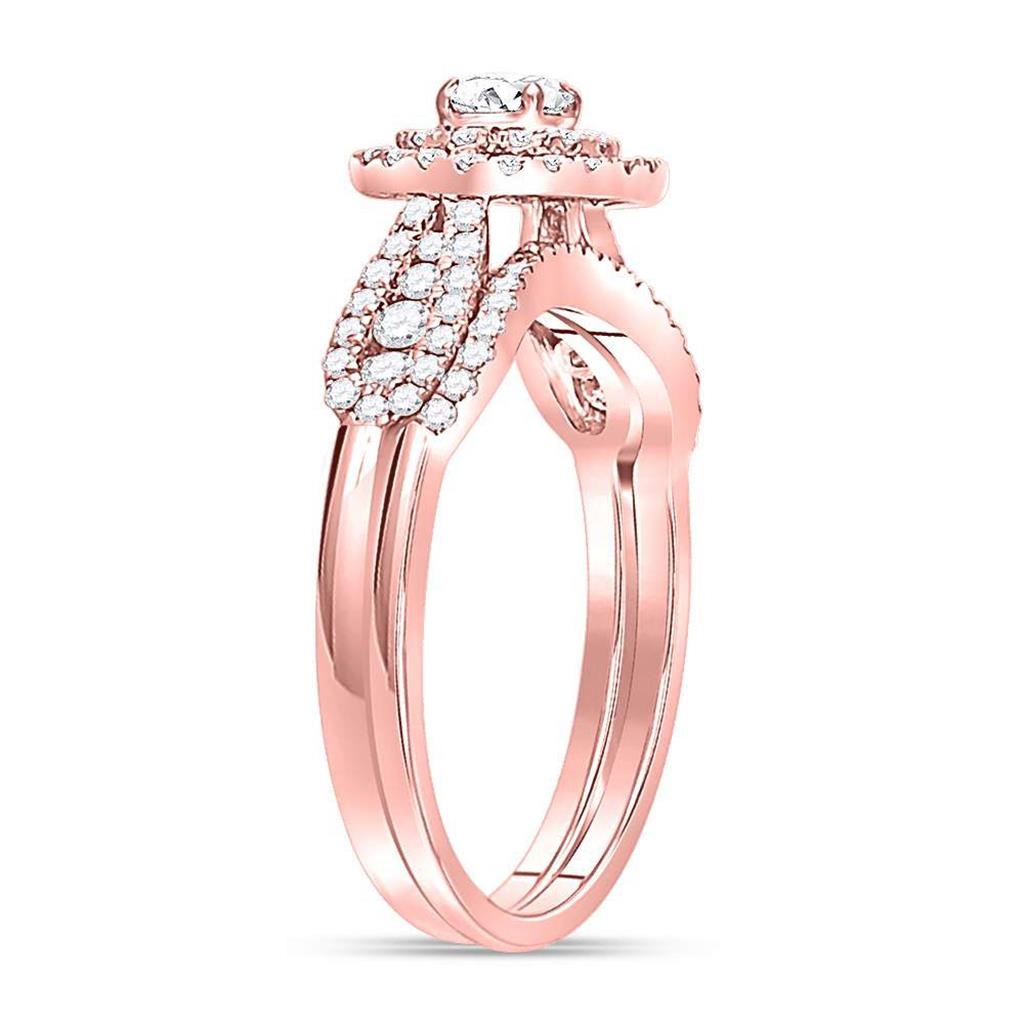 14k Rose Gold Round Diamond Halo Bridal Wedding Ring Set 3/4 Cttw