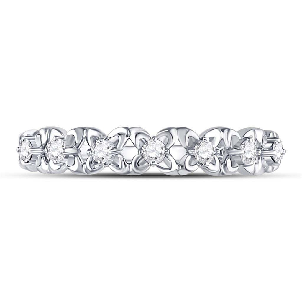 14k White Gold Round Diamond Flower Petal Stackable Band Ring 1/6 Cttw
