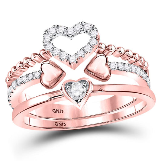 14k Rose Gold Round Diamond 2-Piece Beaded Heart Band Ring Set 1/3 Cttw