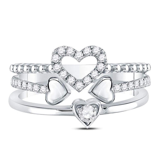 14k White Gold Round Diamond 2-Piece Beaded Heart Band Ring Set 1/3 Cttw