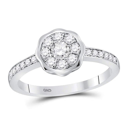 14kt White Gold Round Diamond Flower Cluster Ring 1/2 Cttw
