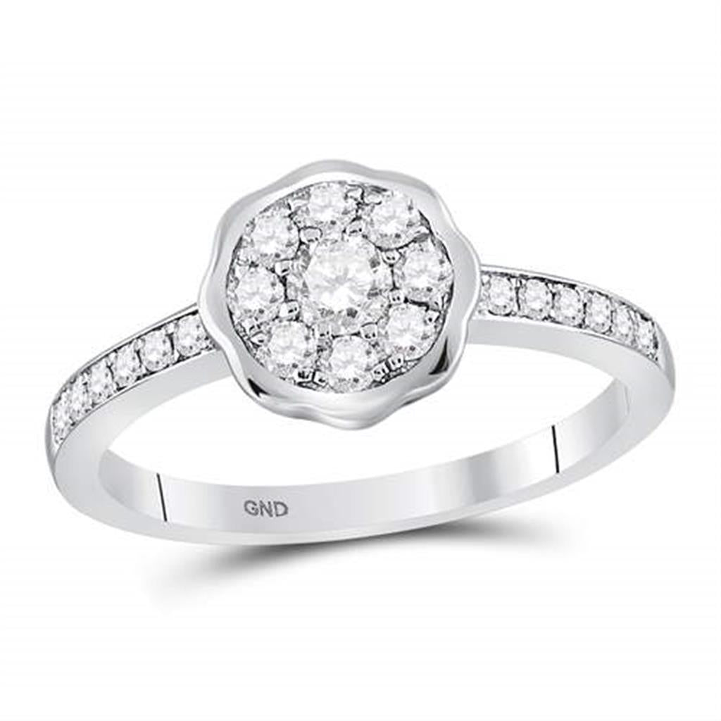 14kt White Gold Round Diamond Flower Cluster Ring 1/2 Cttw