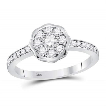 14kt White Gold Round Diamond Flower Cluster Ring 1/2 Cttw
