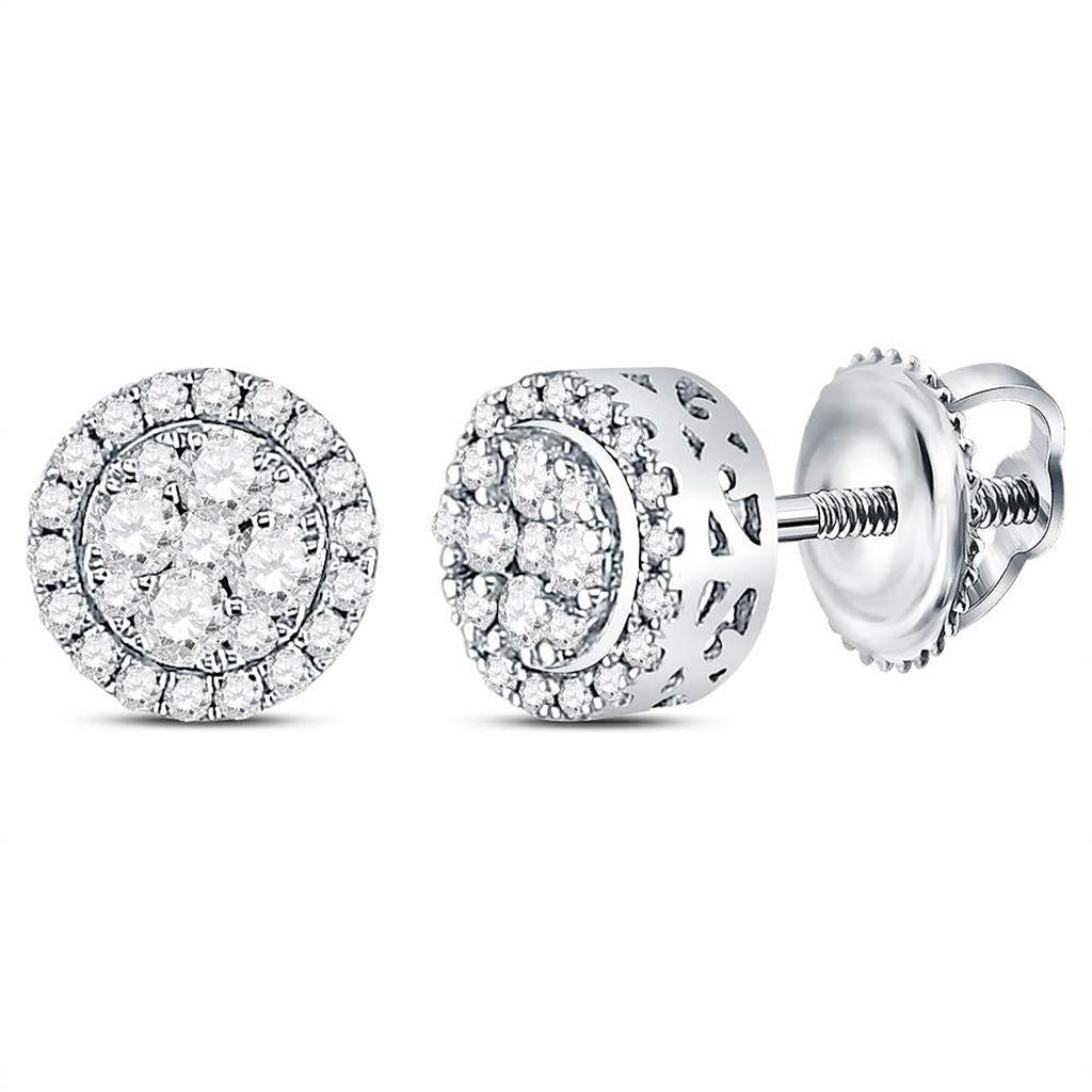14k White Gold Round Diamond Cluster Stud Earrings 1/2 Cttw