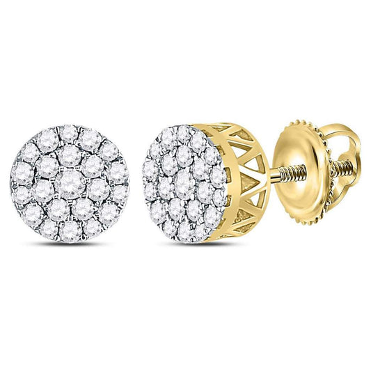 14k Yellow Gold Round Diamond Concentric Circle Cluster Earrings 1/2 Cttw