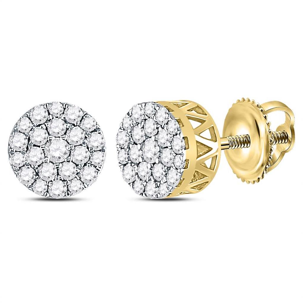 14k Yellow Gold Round Diamond Concentric Circle Cluster Earrings 1/2 Cttw