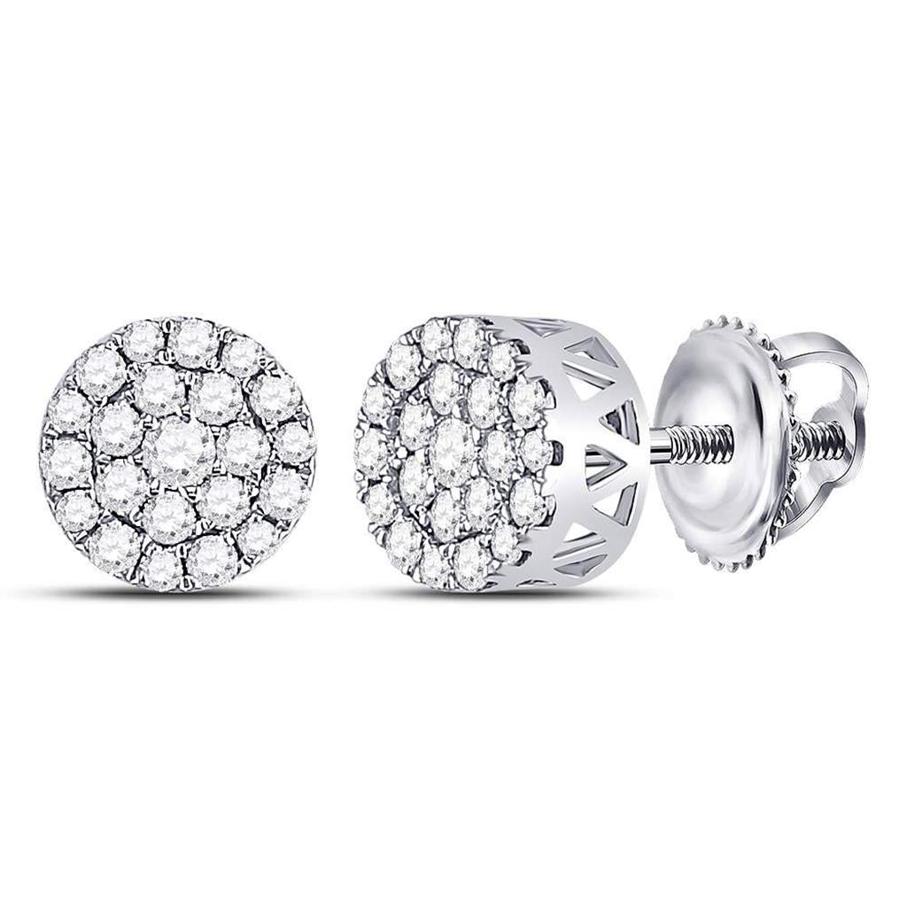 14k White Gold Round Diamond Flower Halo Cluster Earrings 1/2 Cttw