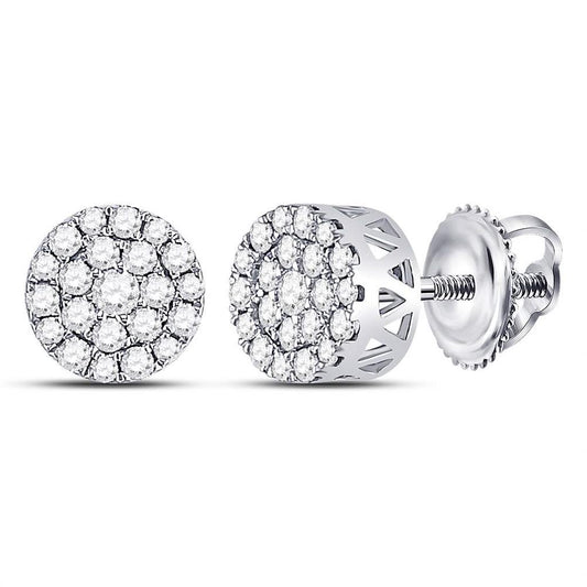 14k White Gold Round Diamond Flower Halo Cluster Earrings 1/2 Cttw